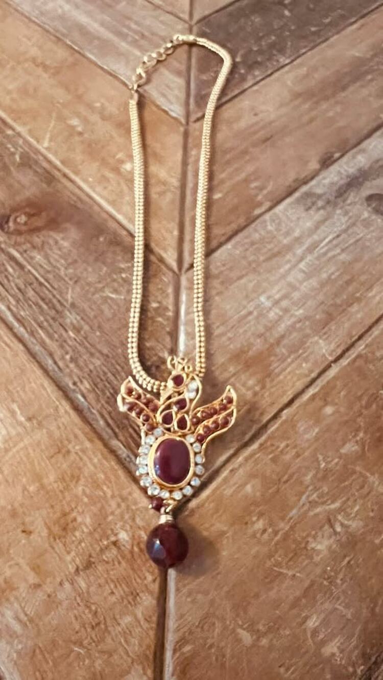 Vintage Gold-Toned Peacock Pendant Necklace with Red and White Stones